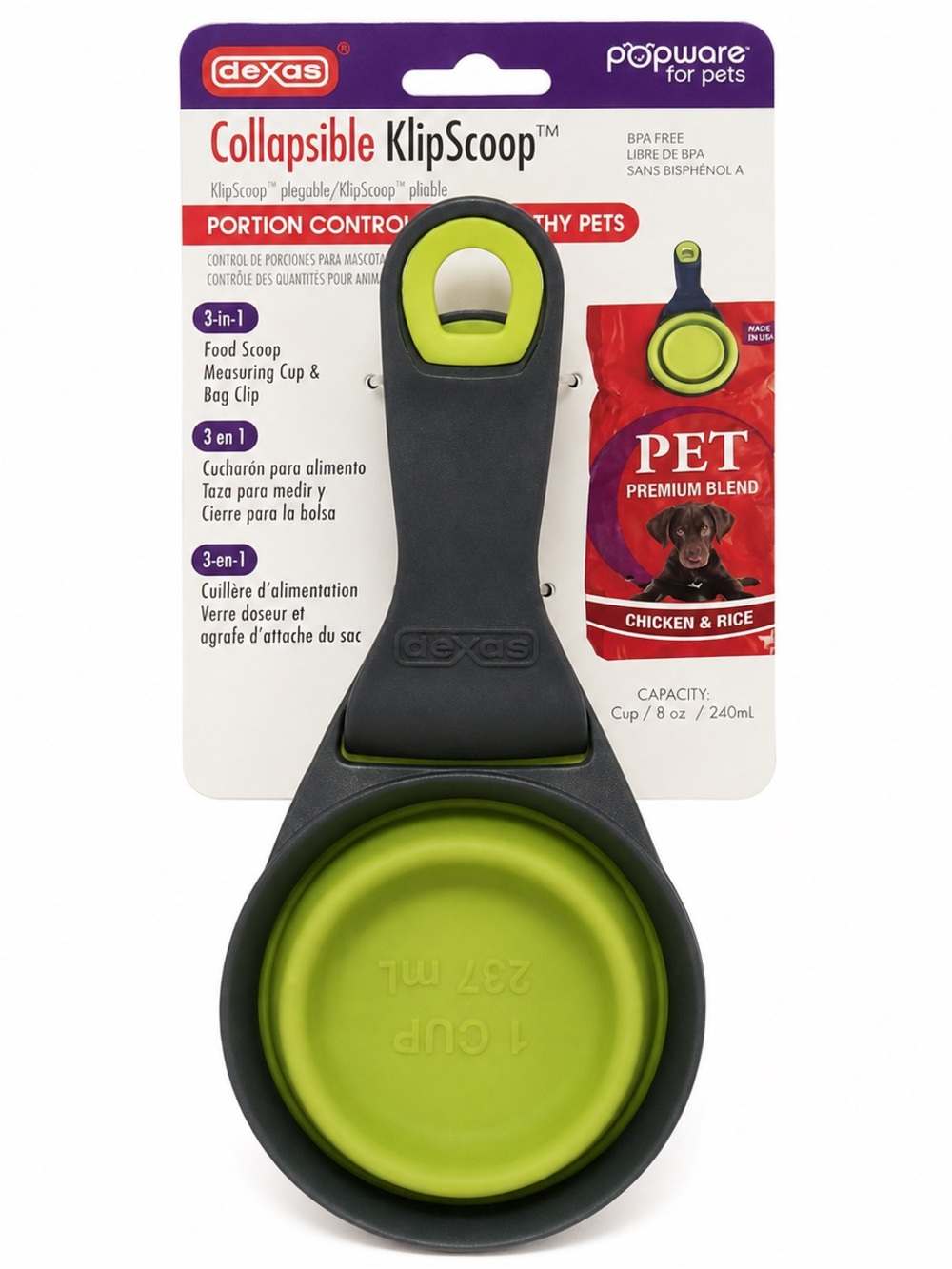 Dex Collapsible KlipScoop Foldable Pet Food Scoop - Lime Green & Dark Gray